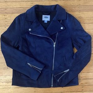 Faux suede navy blue asymmetrical jacket with silver zipper and buttons